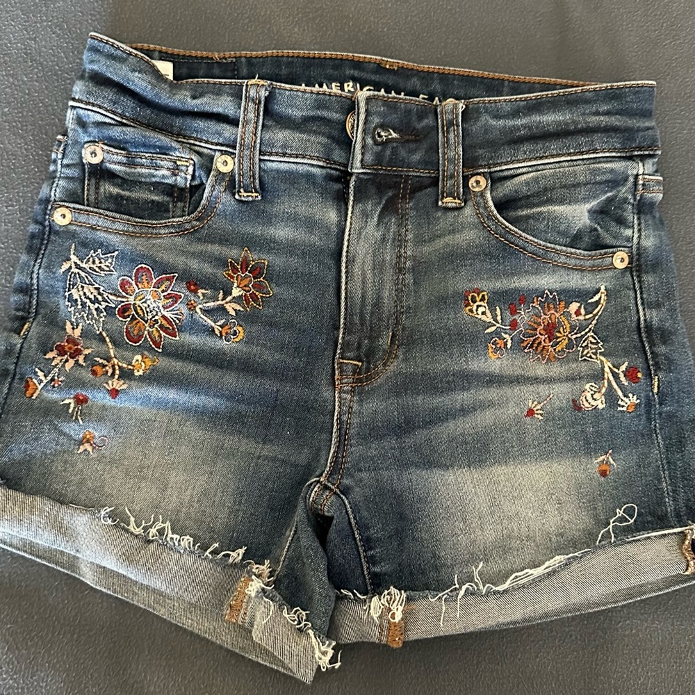 American Eagle Dark Blue Embroidered Jean Shorts